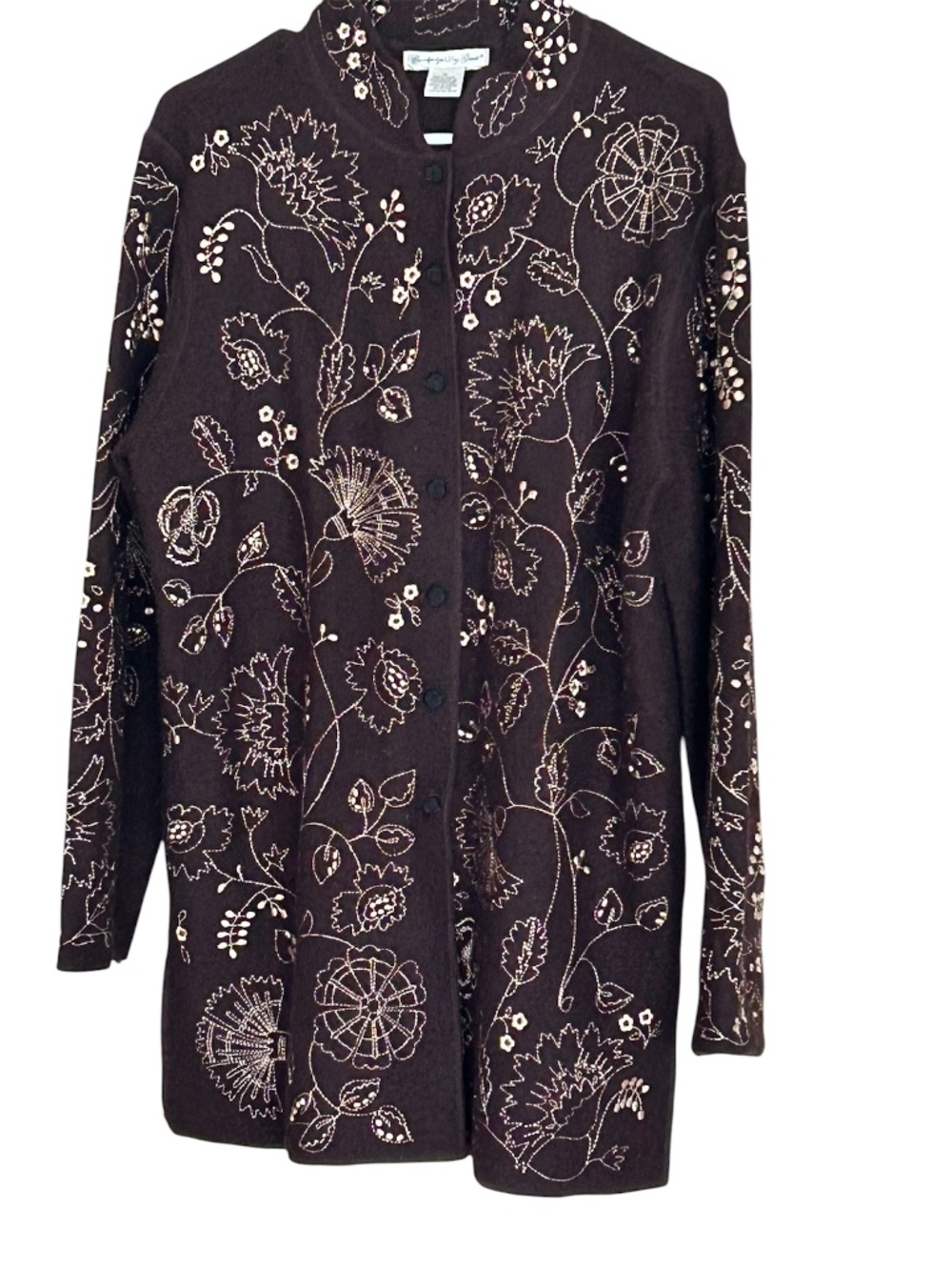 Wool Button Cardigan Embroidered Cambridge Dry Goods M Brown